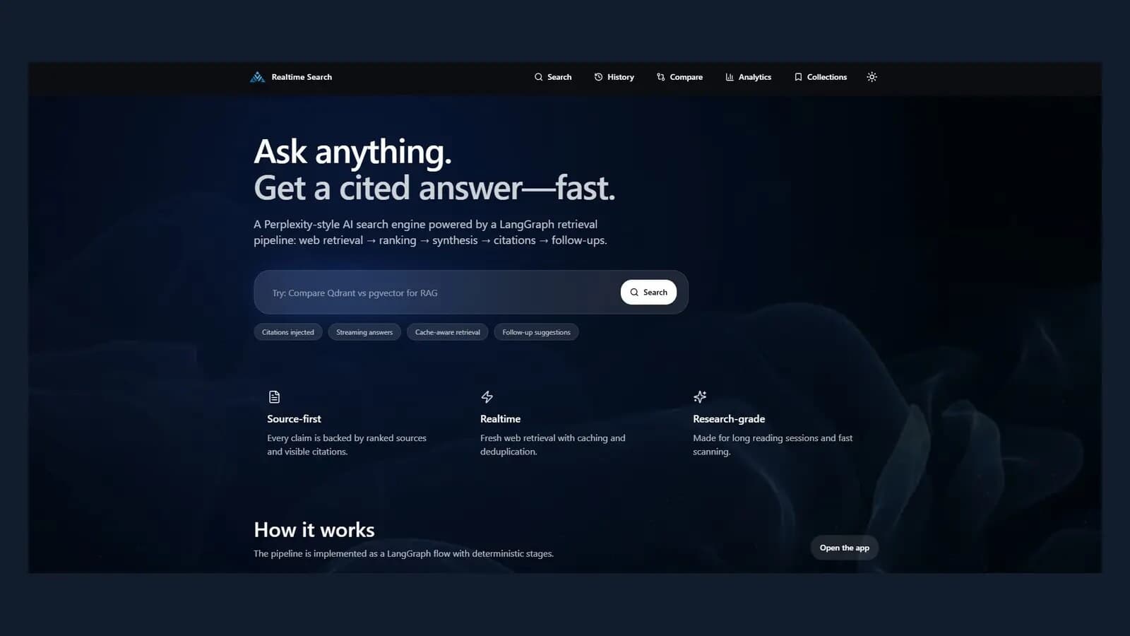 Production-Grade AI Search Engine interface showing a research query with a streamed answer and cited sources