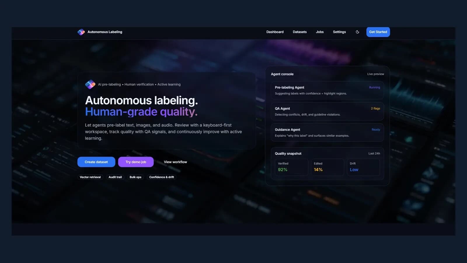 Autonomous Data Labeling Platform dashboard showing annotation queues, confidence and quality metrics