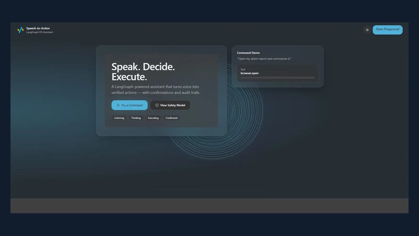 Speech-to-Action OS interface showing a command, execution plan and safety controls